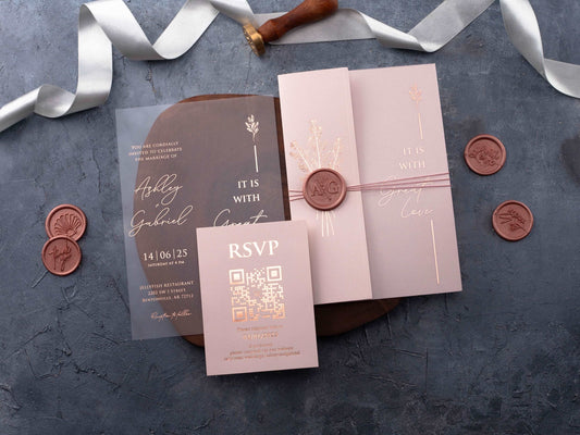 Blush Pink and Rose Gold Acrylic Invitation with Folded Jacket - LA Invitations Co