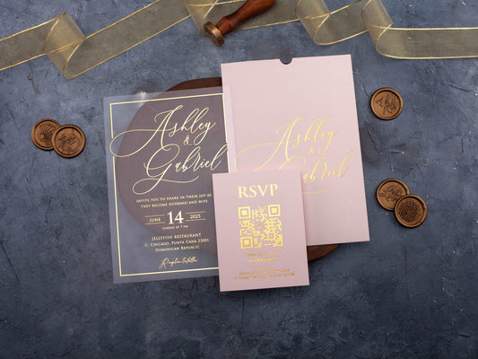 Acrylic Wedding Invitation with Gold Foil and Pink Envelope - LA Invitations Co