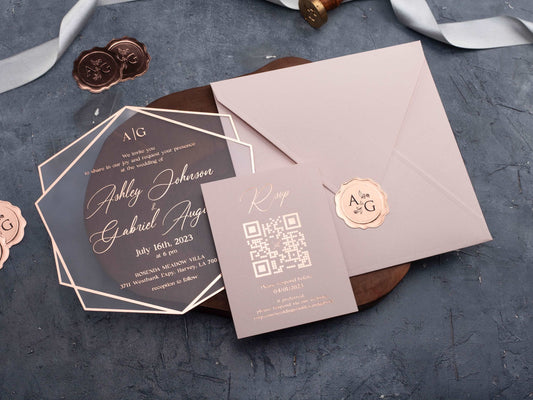 Elegant Acrylic Wedding Invitation with Rose Gold Foil and Pink Envelope - LA Invitations Co