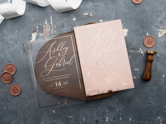 Chic Blush and Rose Gold Acrylic Invite with Floral Design - LA Invitations Co