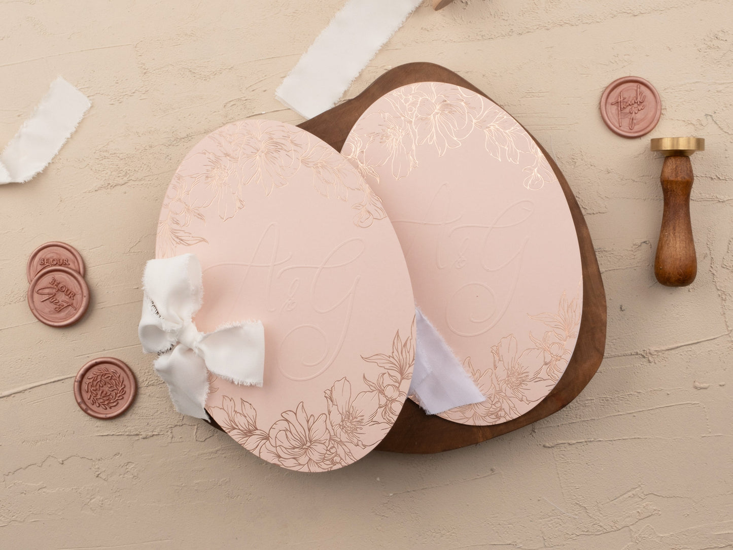 Elegant Blush Wedding Invite with Rose Gold Floral Foil Accents