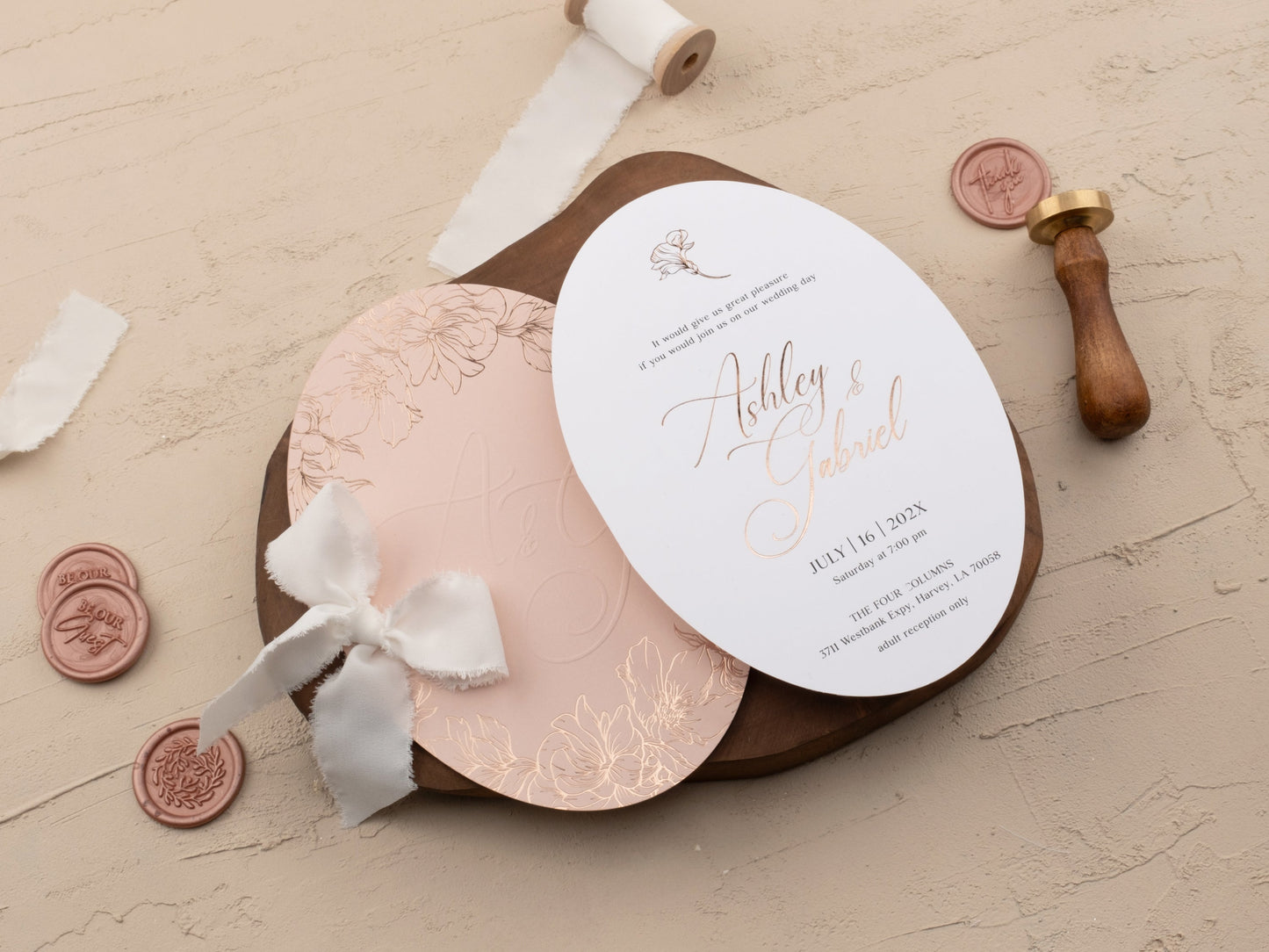 Elegant Blush Wedding Invite with Rose Gold Floral Foil Accents