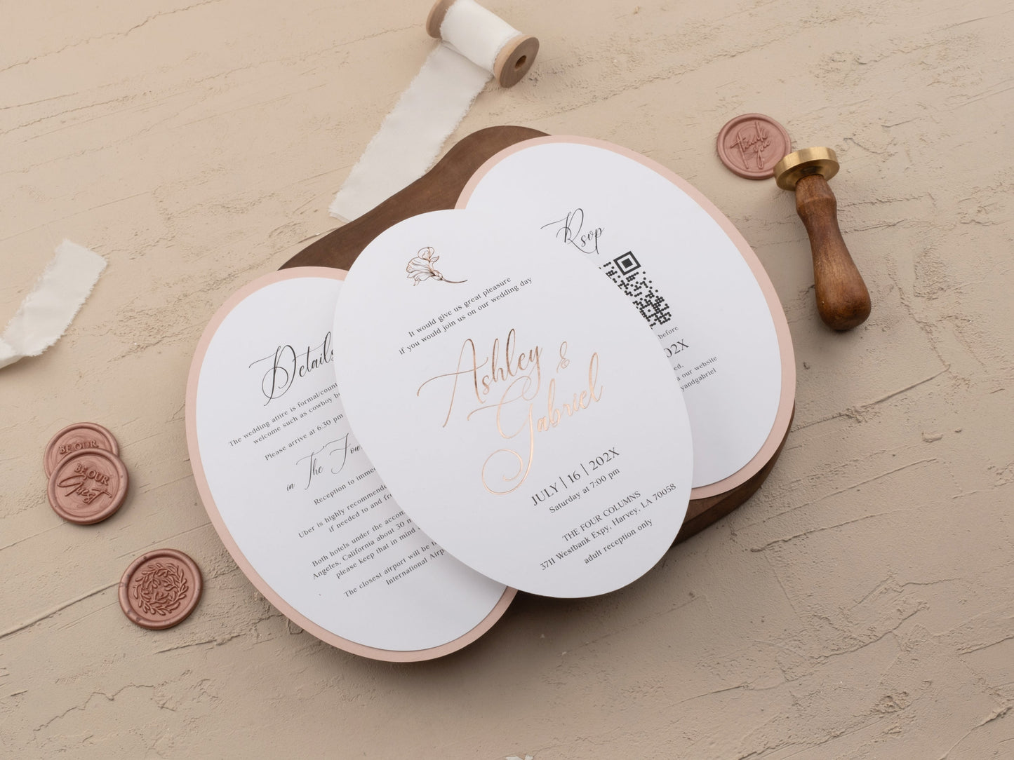 Elegant Blush Wedding Invite with Rose Gold Floral Foil Accents