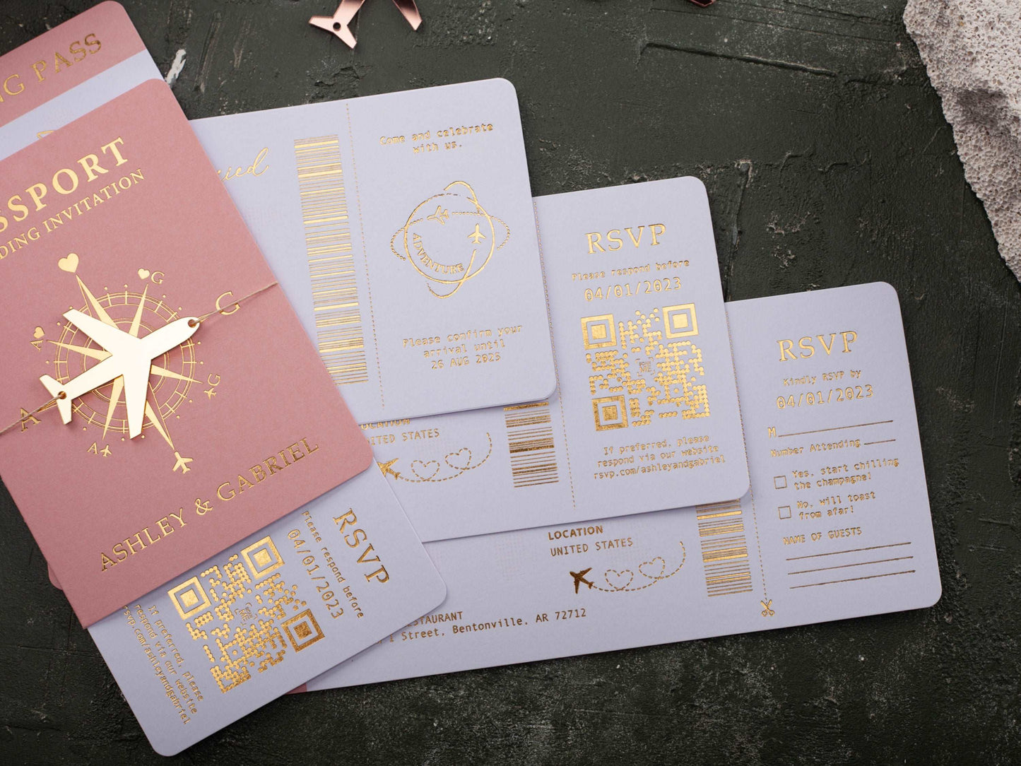 Luxury Blush Pink Passport-Style Invitation with Gold Foil Details