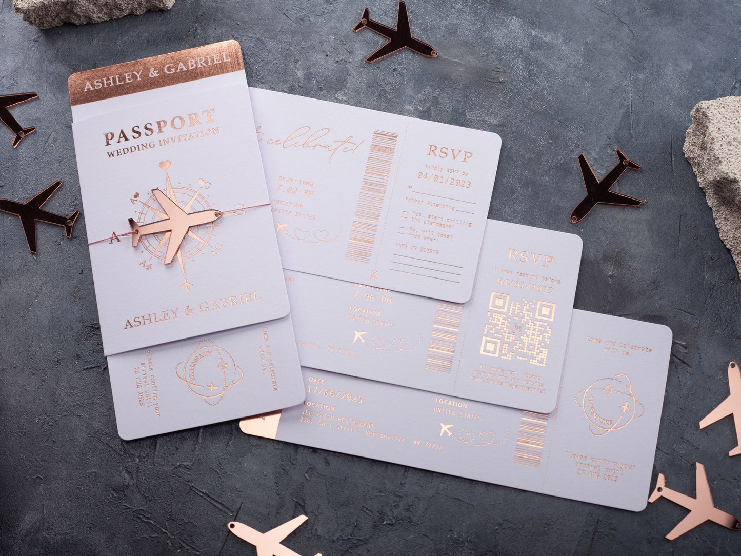 Chic White and Rose Gold Foil Passport-Style Wedding Invitation