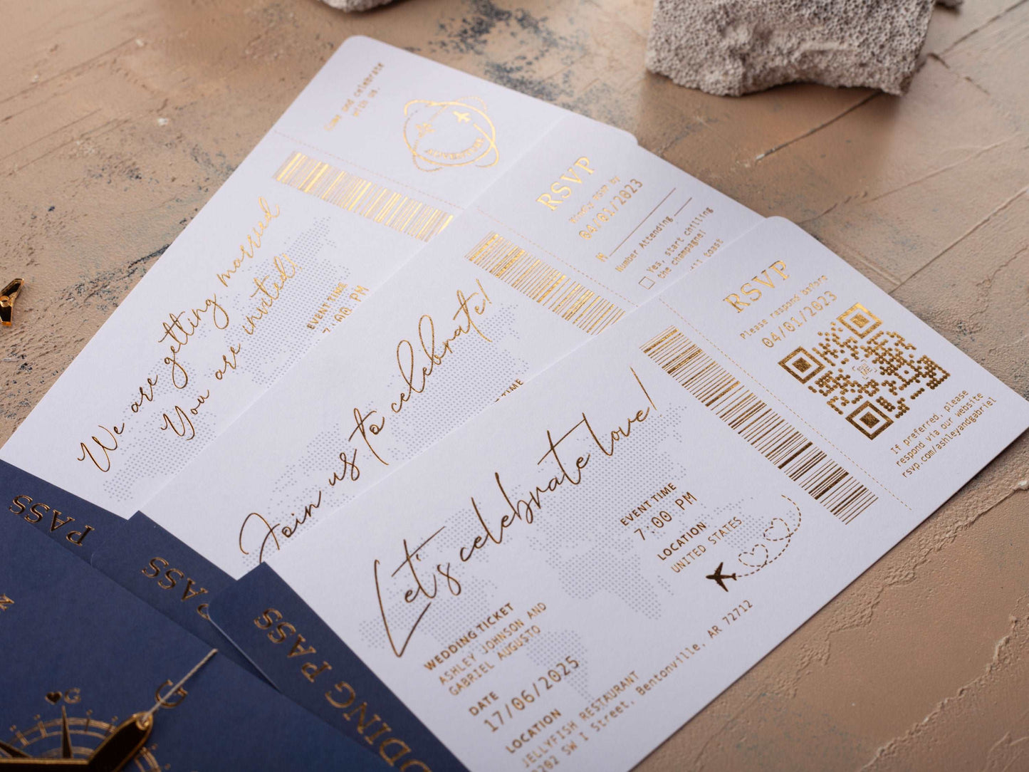 Gold Foil Destination Wedding Invitation in Navy Blue Passport Style