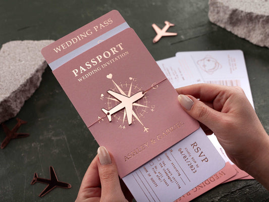 Pink Boarding Pass Wedding Invitation with Rose Gold Foil