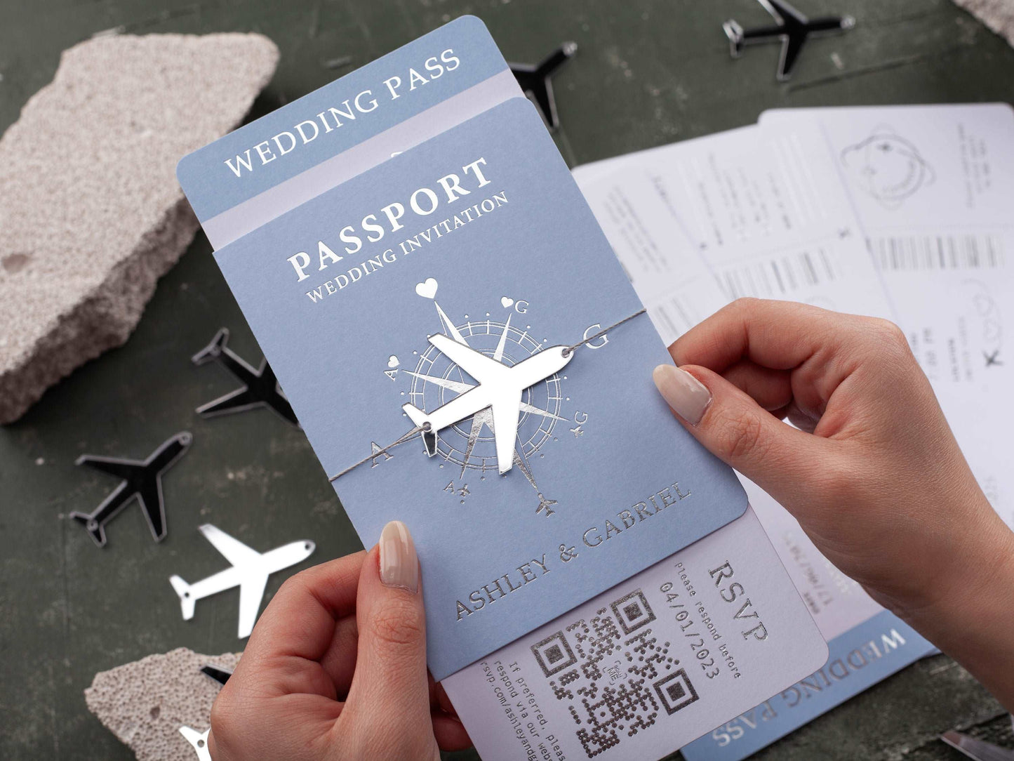 Elegant Baby Blue Wedding Invite – Silver Foil Boarding Pass Design