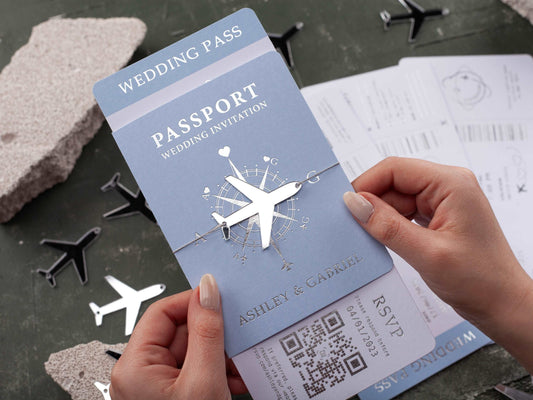 Elegant Baby Blue Wedding Invite – Silver Foil Boarding Pass Design