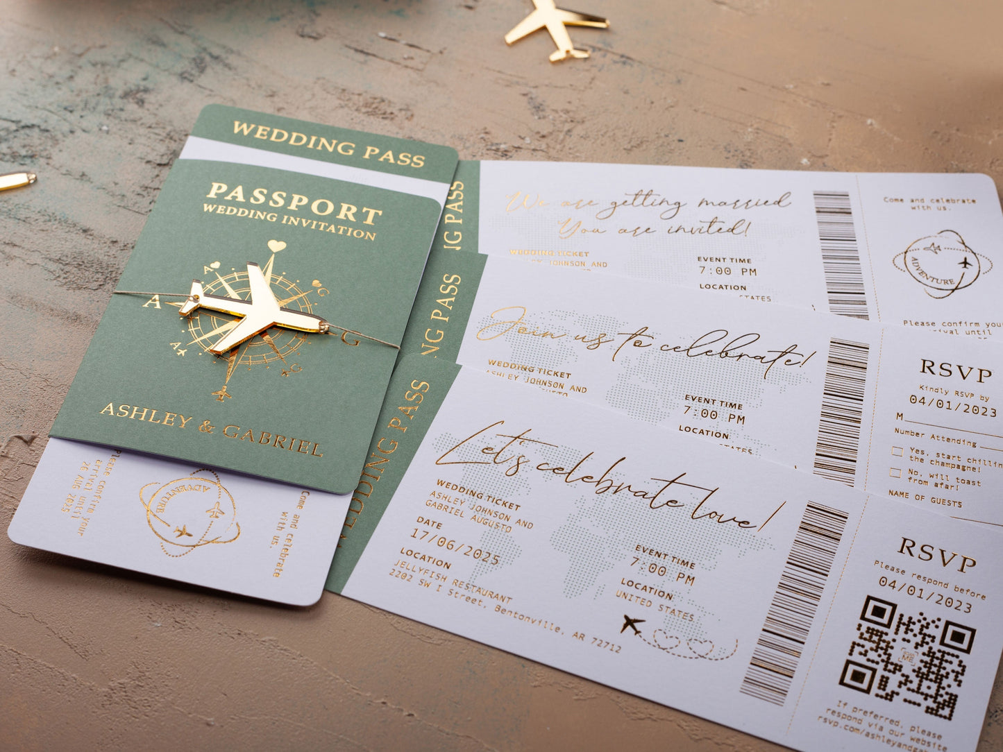 Sage Green Passport Wedding Invitation with Elegant Gold Lettering