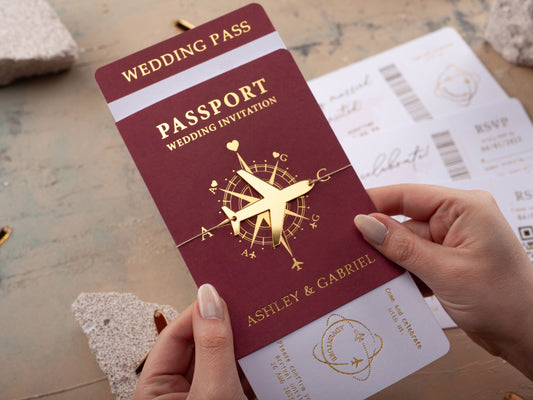 Custom Burgundy and Gold Foil Boarding Pass Wedding Invitation