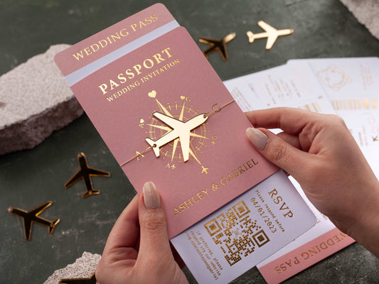 Luxury Blush Pink Passport-Style Invitation with Gold Foil Details
