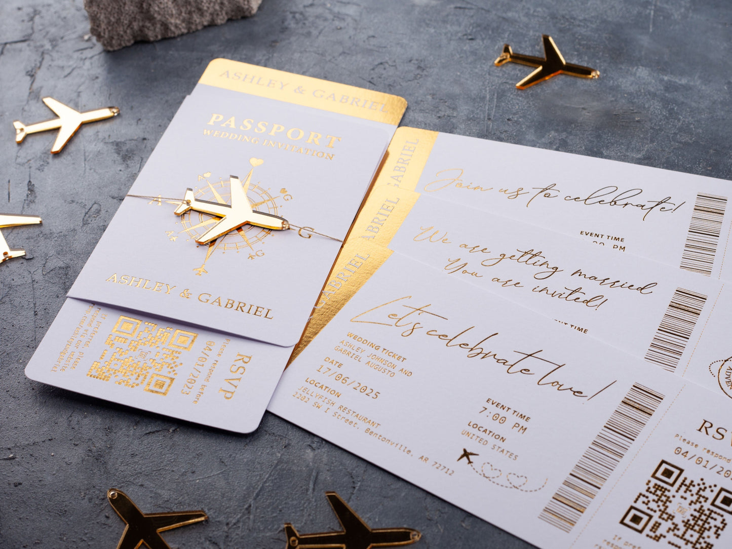 Luxury White Passport-Style Invite with Radiant Gold Foil Print