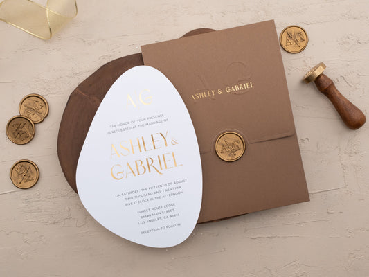 Modern-Shaped Wedding Invite in Rich Brown and Gold Foil - LA Invitations Co