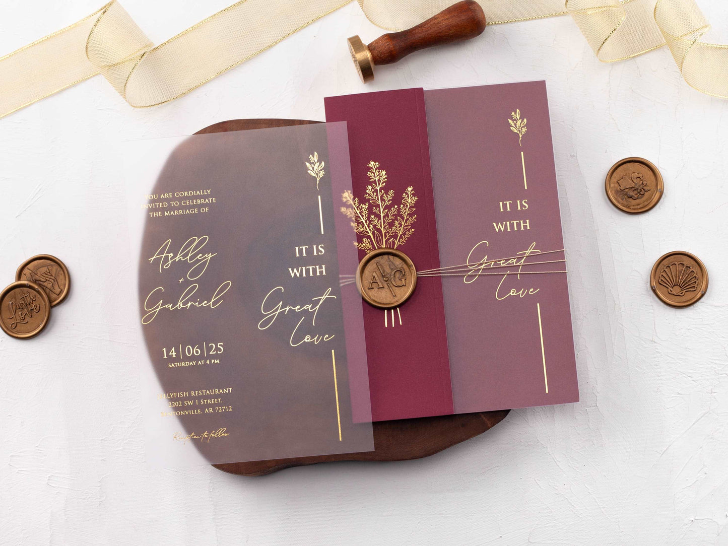Acrylic Invitation with Burgundy Folded Jacket and Gold Foil