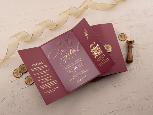 Luxury Burgundy Acrylic Trifold Wedding Invitation with Gold Foil Lettering - LA Invitations Co