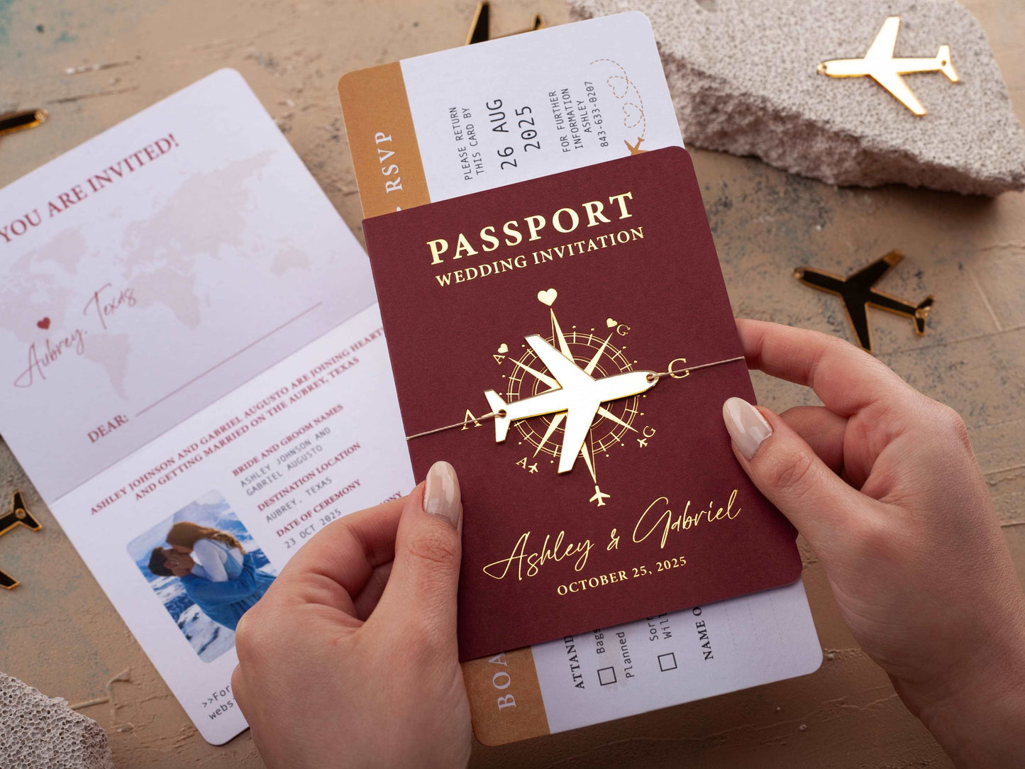 Luxury Passport Invitation in Burgundy with Gold Foil Accents