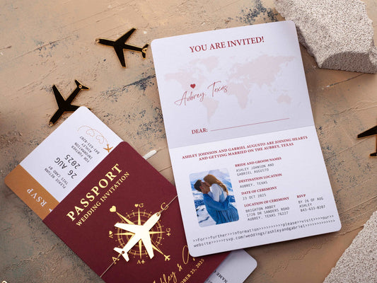 Luxury Passport Invitation in Burgundy with Gold Foil Accents