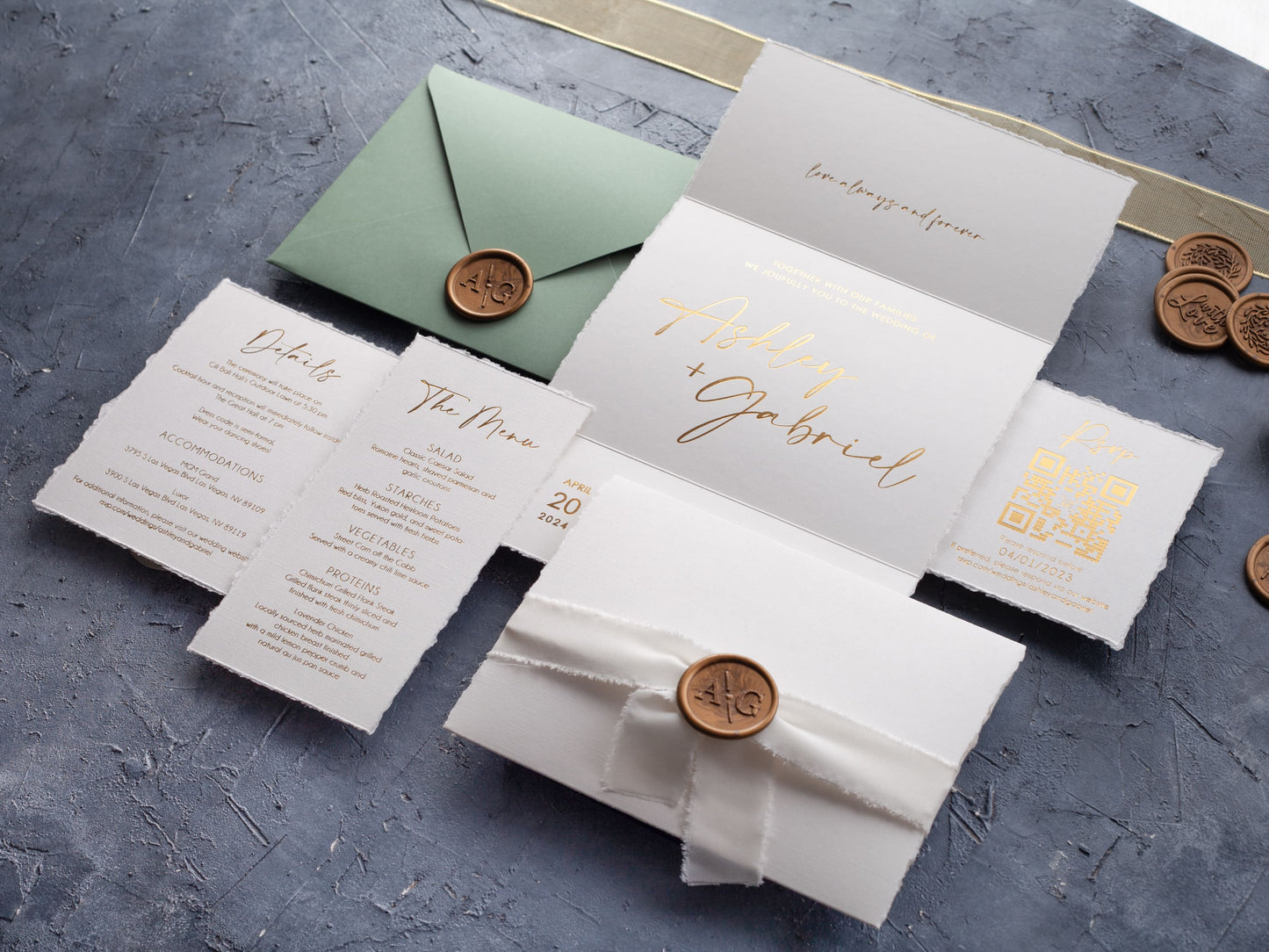 Elegant Trifold Wedding Invite with Deckled Edges and Gold Foil - LA Invitations Co