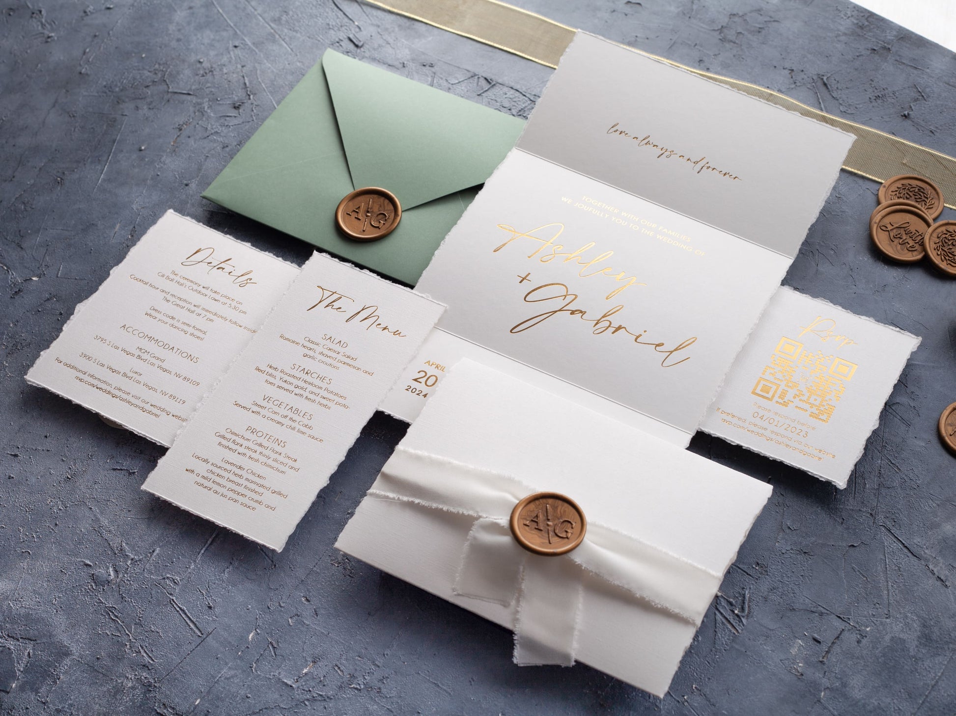 Elegant Trifold Wedding Invite with Deckled Edges and Gold Foil - LA Invitations Co