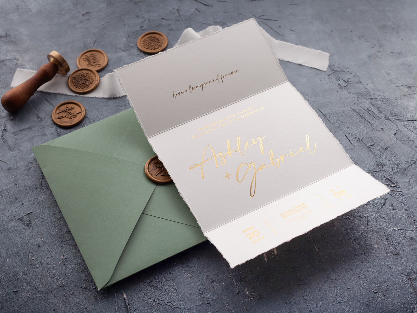 Elegant Trifold Wedding Invite with Deckled Edges and Gold Foil - LA Invitations Co