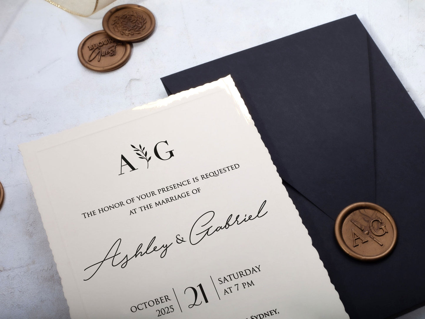 Minimal Deckled Edge Wedding Invite with Black Envelope