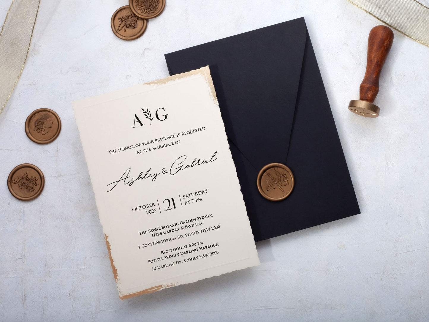 Minimal Deckled Edge Wedding Invite with Black Envelope