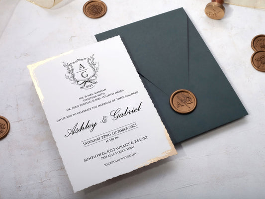 Elegant Deckled Edge Invite Paired with a Green Envelope - LA Invitations Co