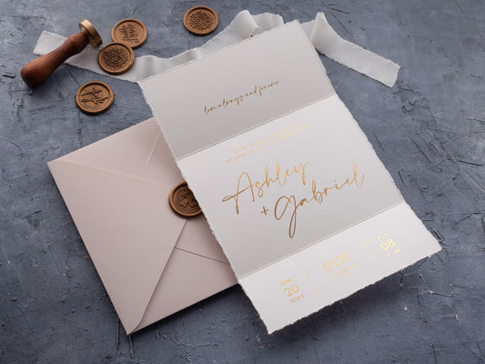 Elegant Trifold Wedding Invite with Deckled Edges and Gold Foil - LA Invitations Co
