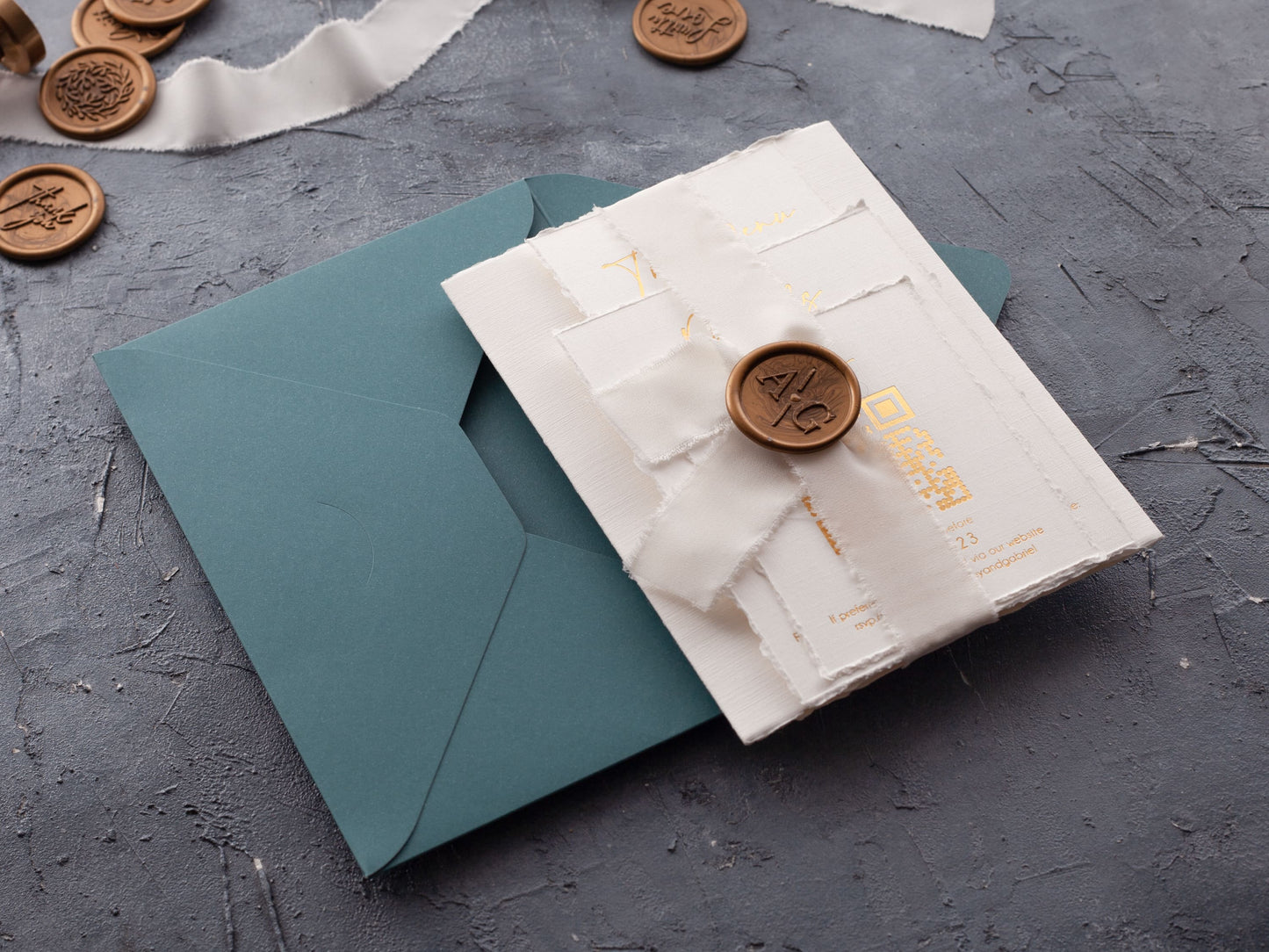 Elegant Trifold Wedding Invite with Deckled Edges and Gold Foil - LA Invitations Co