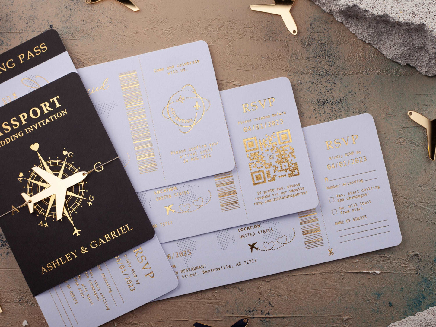 Luxury Black Passport Wedding Invitation with Gold Foil Details