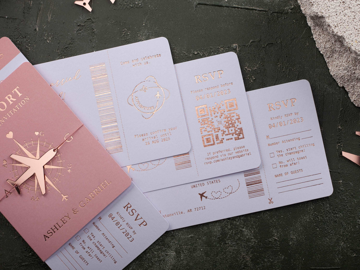 Pink Boarding Pass Wedding Invitation with Rose Gold Foil