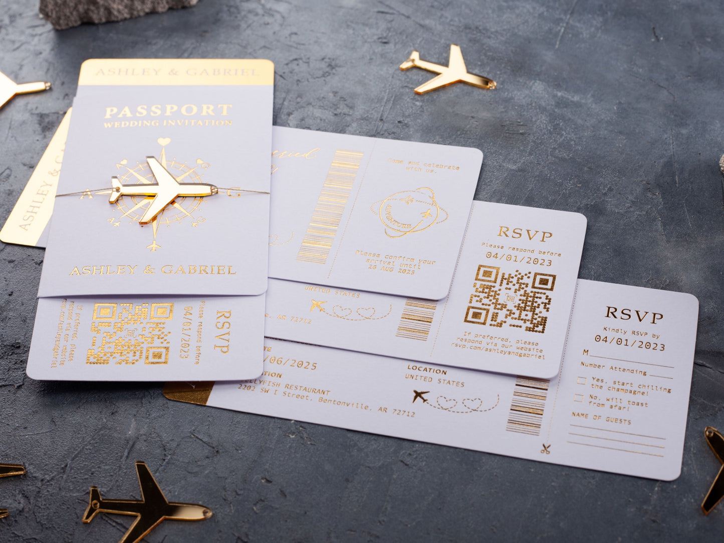 Luxury White Passport-Style Invite with Radiant Gold Foil Print