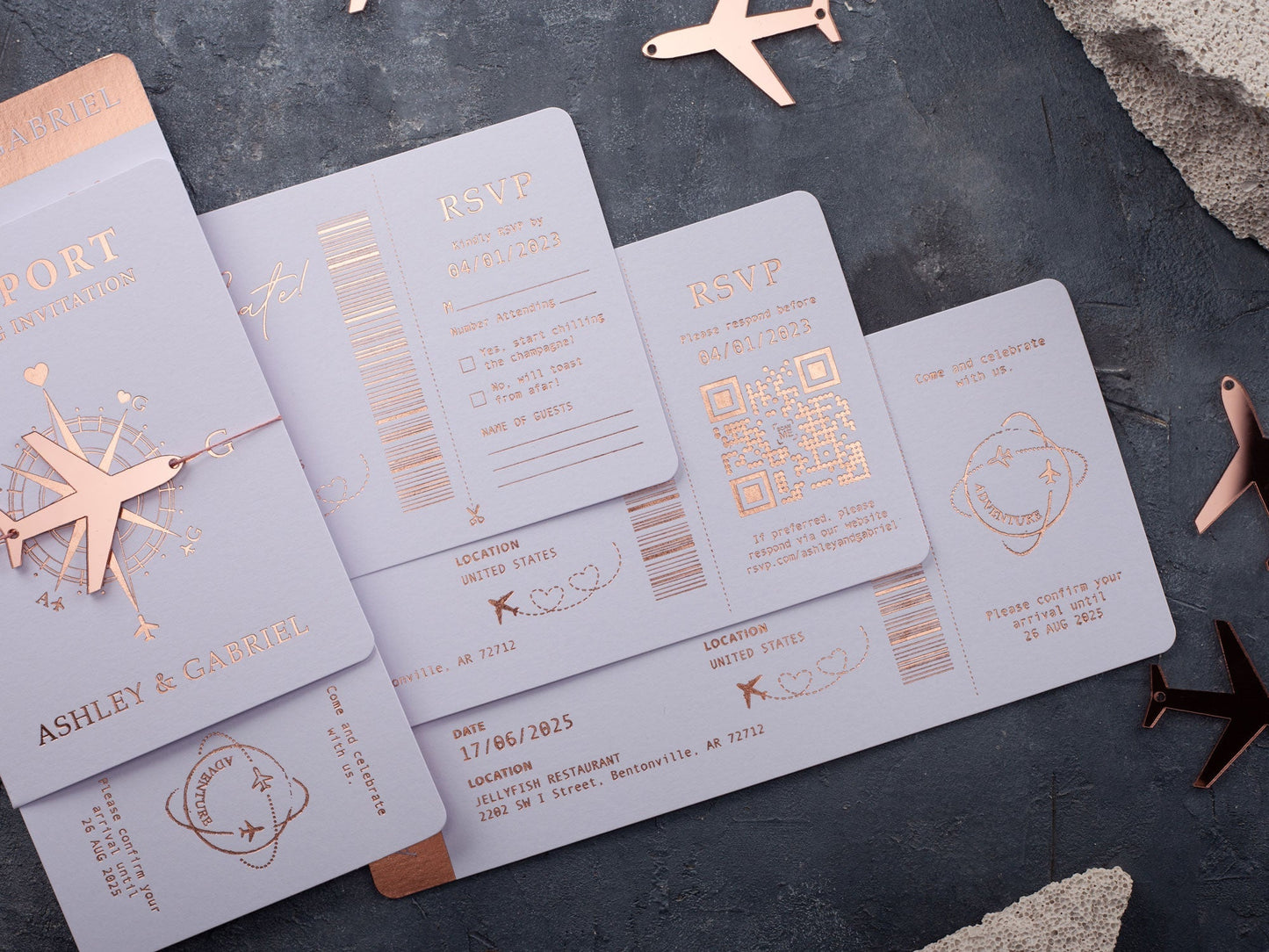 Chic White and Rose Gold Foil Passport-Style Wedding Invitation