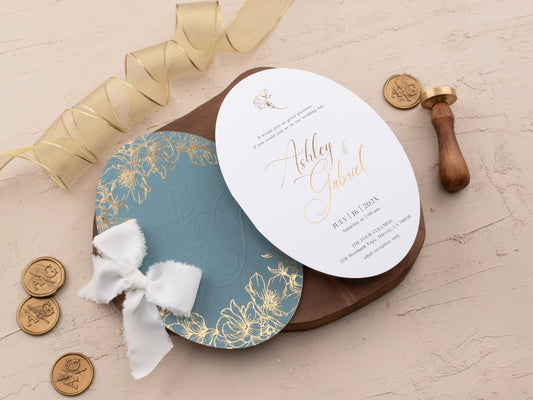 Elegant Dusty Blue Invite with Gold Foil Floral Accents - LA Invitations Co