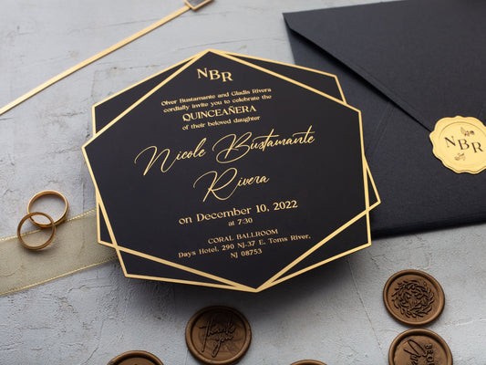 Elegant Black & Gold Quince Invitation Featuring Geometric Style - LA Invitations Co