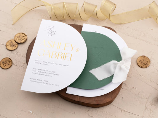 Gold Foil Wedding Invitation in Emerald with Embossed Lettering - LA Invitations Co