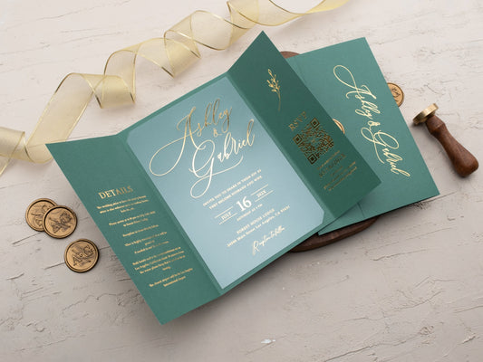 Elegant Acrylic Wedding Invitation – Trifold Design in Emerald Green with Gold Accents - LA Invitations Co