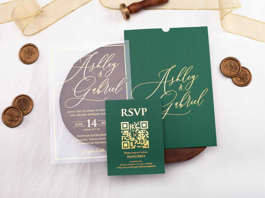 Acrylic Wedding Invitation with Gold Foil and Emerald Green Envelope - LA Invitations Co