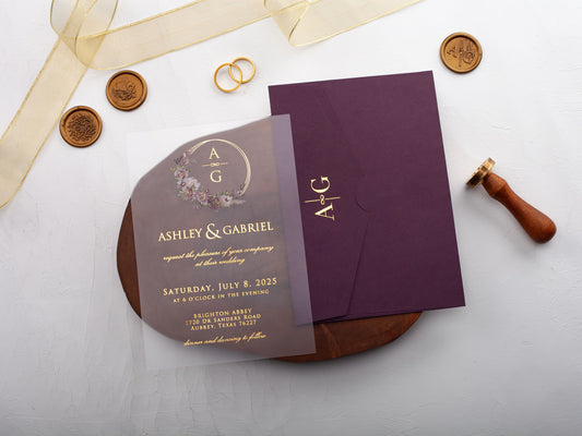Acrylic Wedding Card with Floral Design and Deep Purple Envelope - LA Invitations Co