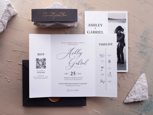 Folded Wedding Invitation with Photo and Wedding Day Timeline - LA Invitations Co