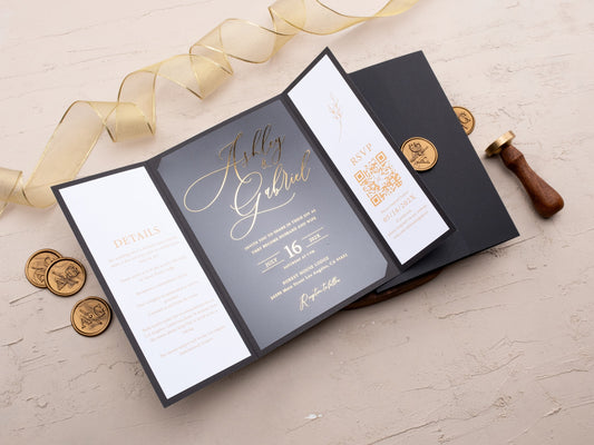 Formal Black and Gold Foil Acrylic Wedding Invite in Gatefold Style - LA Invitations Co