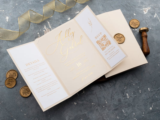Elegant Acrylic Wedding Invite with Gold Foil and Ivory Jacket - LA Invitations Co