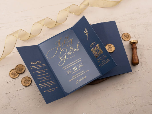 Chic Navy Gatefold Acrylic Invitation with Shimmering Gold Foil Details - LA Invitations Co