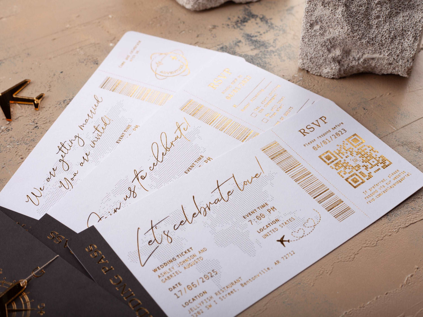 Luxury Black Passport Wedding Invitation with Gold Foil Details