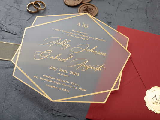 Acrylic Wedding Invitation with Gold Foil and Red Envelope - LA Invitations Co