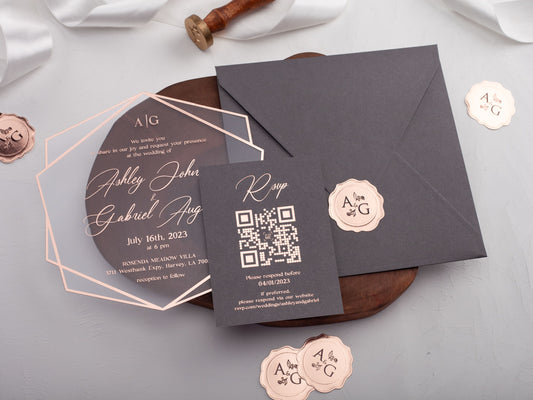 Acrylic Wedding Invitation with Rose Gold Foil and Grey Envelope - LA Invitations Co