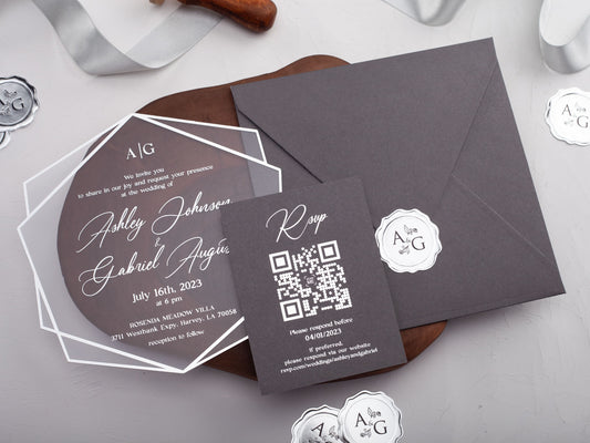 Acrylic Wedding Invitation with Silver Foil and Grey Envelope - LA Invitations Co