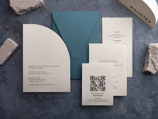 Embossed Wedding Invitation in Unique Half Arch Shape - LA Invitations Co