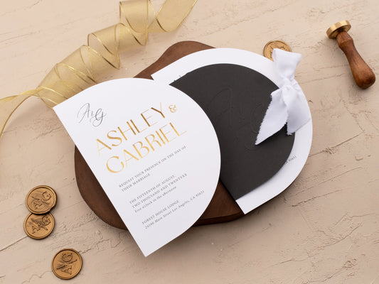 Elegant Half Circle Wedding Invite with Gold Foil and Black Jacket - LA Invitations Co